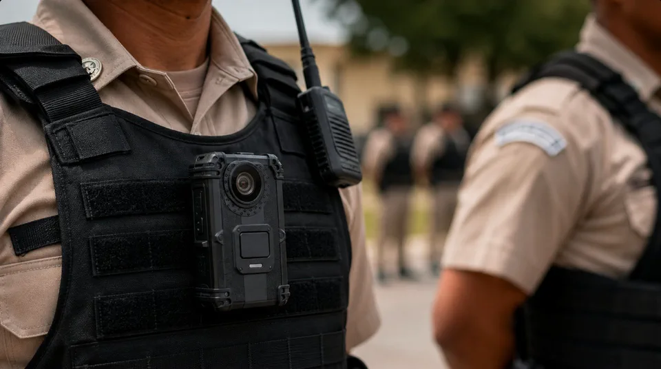 Câmera corporal Powerconn presa ao colete de um policial, com a tropa em formação ao fundo