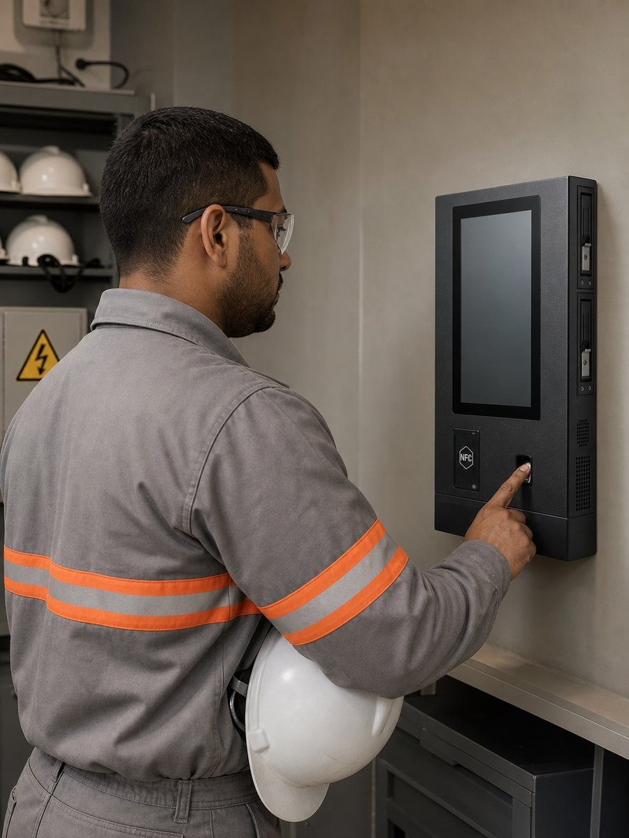 Profissional de energia usando o leitor biométrico da Estação de Gestão no início do turno