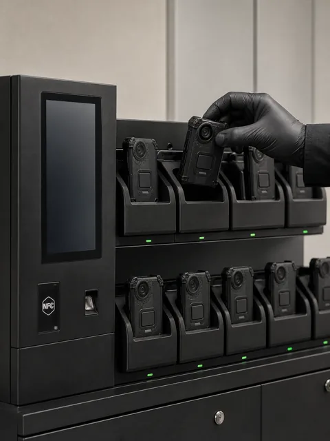 Câmeras corporais Powerconn em rack de recarga e extração ao lado da Estação de Gestão