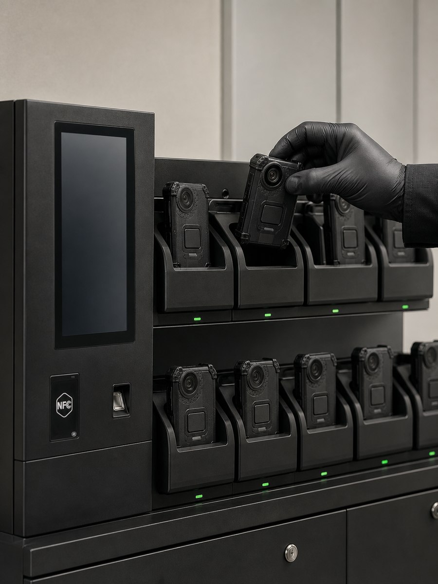 Câmeras corporais Powerconn em rack de recarga e extração ao lado da Estação de Gestão