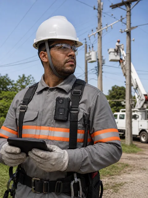 Profissional de energia em campo com câmera corporal Powerconn presa ao uniforme, diante da rede elétrica