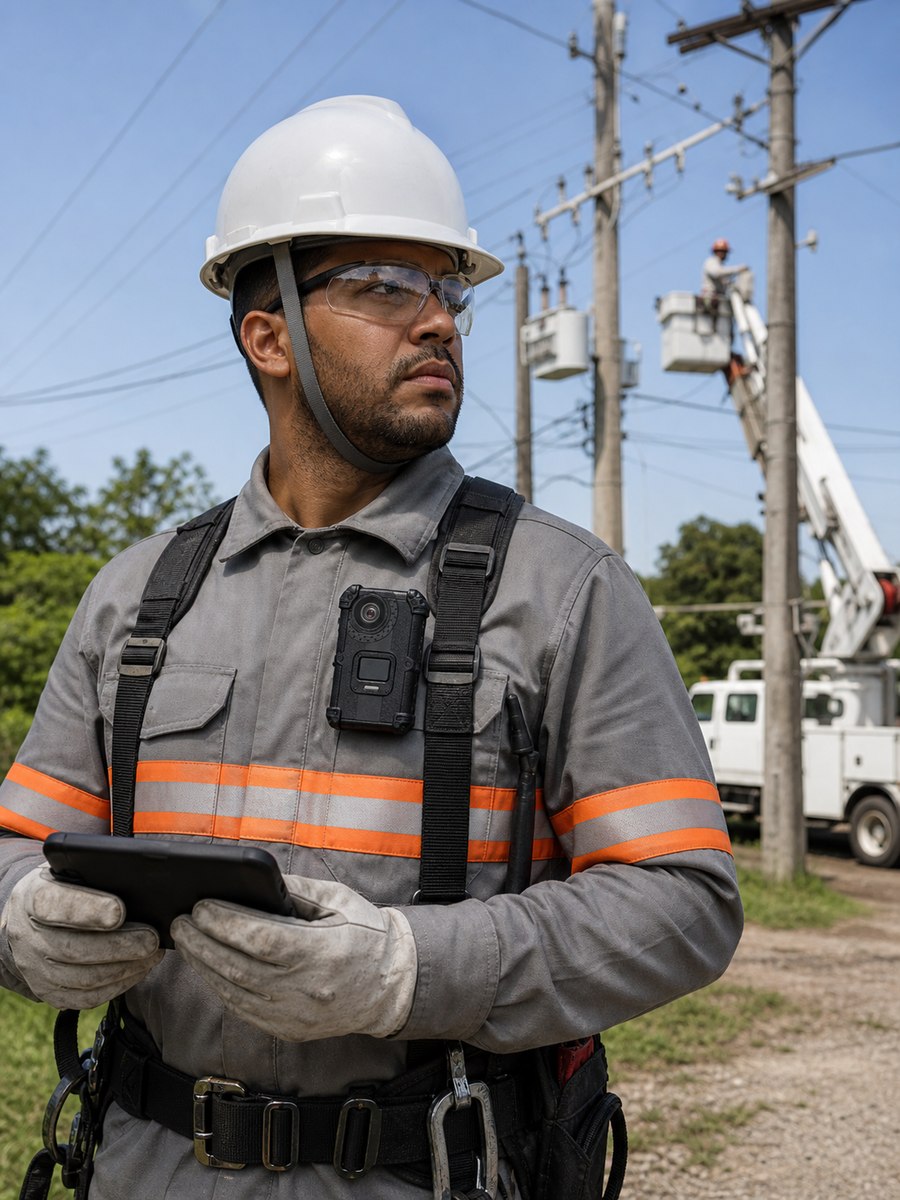 Profissional de energia em campo com câmera corporal Powerconn presa ao uniforme, diante da rede elétrica